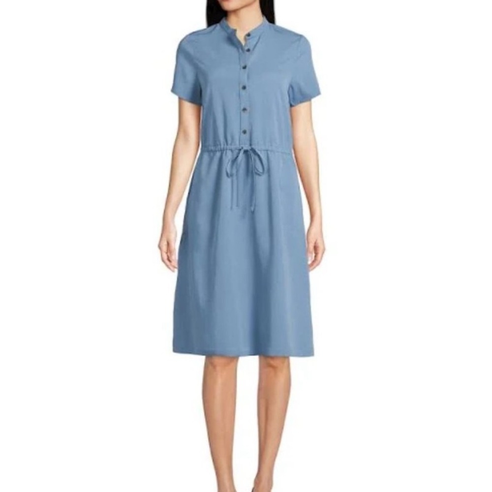 Lands' End Light Blue drawstring‎ monk neck modest Midi Dress M